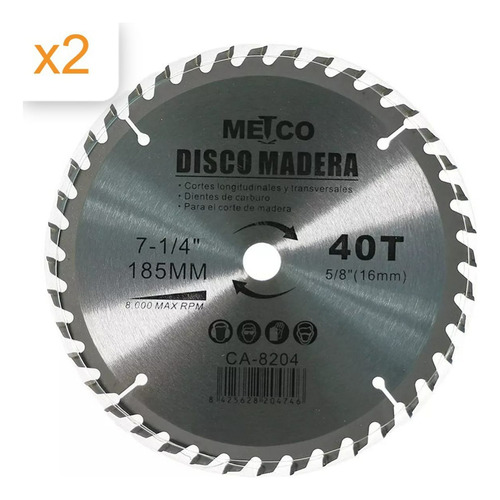 Disco De Madera 7 X1/4  40 Dientes Metco Pack 2 Unds