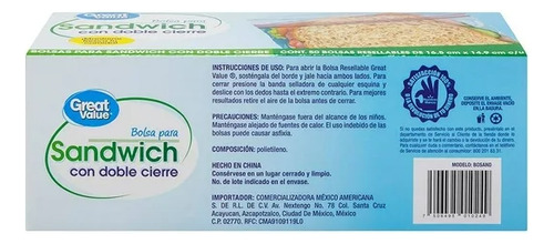 Bolsas Para Sándwich Great Value Con Doble Cierre 50 Pzas
