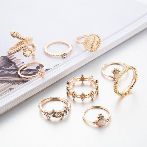 / Set De 9 Anillos Geométricos Con Forma De Hoja Serpentina