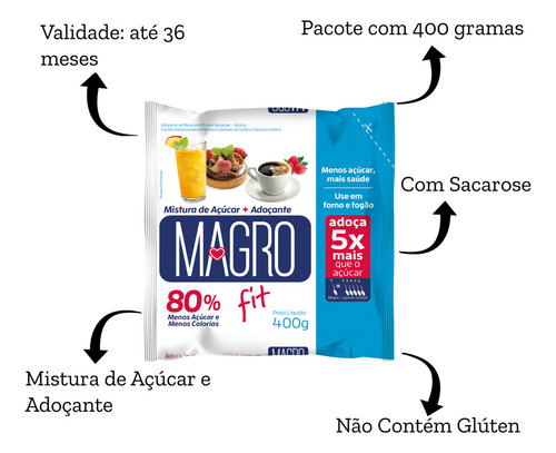 Açúcar Magro Fit Redução De Calorias Sem Glúten Pacote 400g