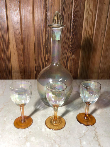Botellón Antiguo Con 3 Copas Haciendo Juego. Licorera (Usado)