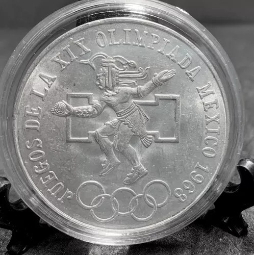 Moneda Plata De 1968 $25 Olimpiada Aro Bajo Lengua Curva 3