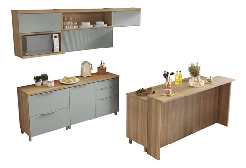 Cozinha Modulada Marquesa Ripada Mdf 8 Peças Nature Verde