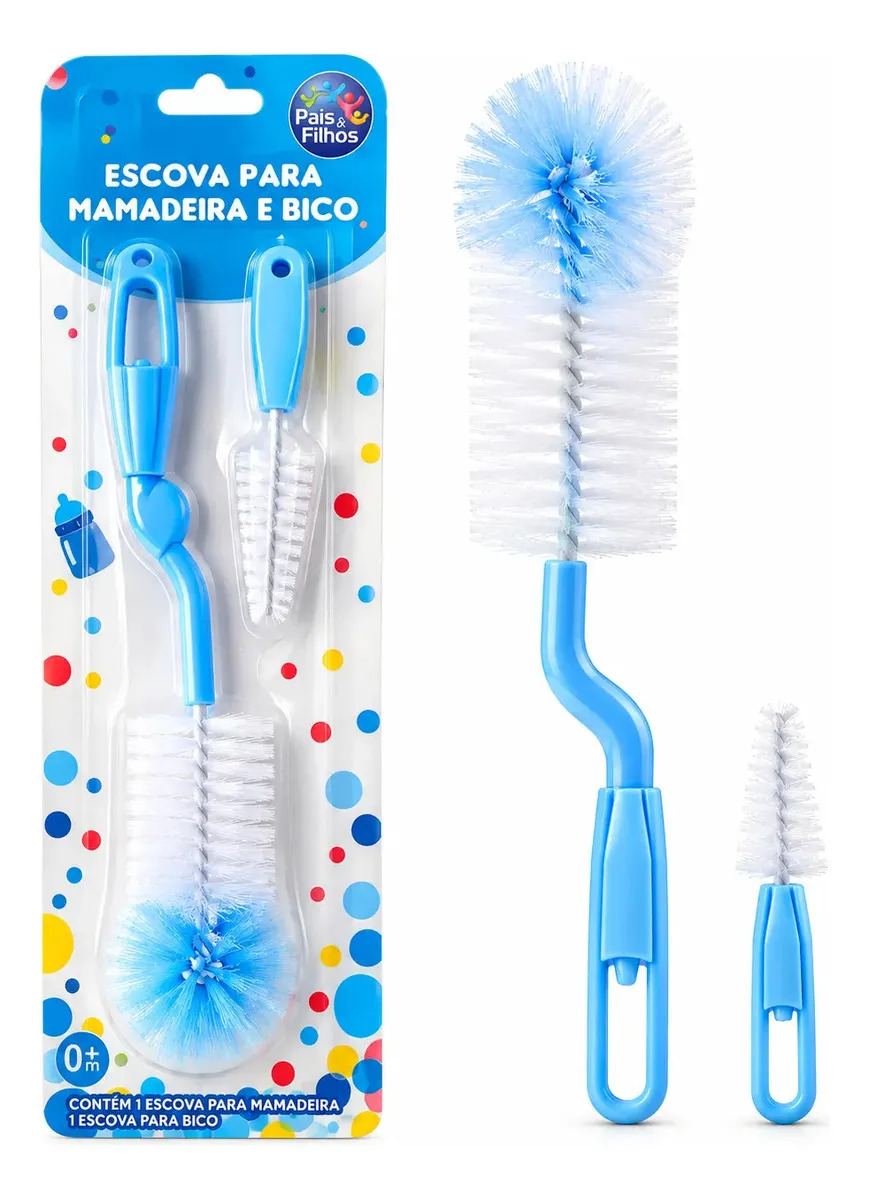 Escova para Mamadeira e Bico Azul Pais & Filhos Limpeza Completa Kit