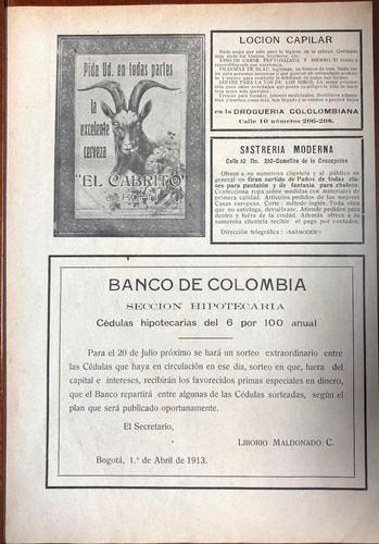 Imagen 1 de 1 de Banco De Colombia Antiguo Aviso Publicitario De 1913