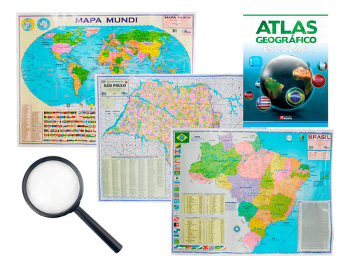 Kit Atlas + Mapas São Paulo Mundi E Brasil + Lupa Geográfico