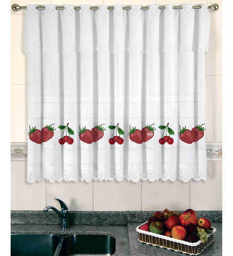 Cortina De Renda Cozinha Bartolini Morangos 2,20m X 1,50m