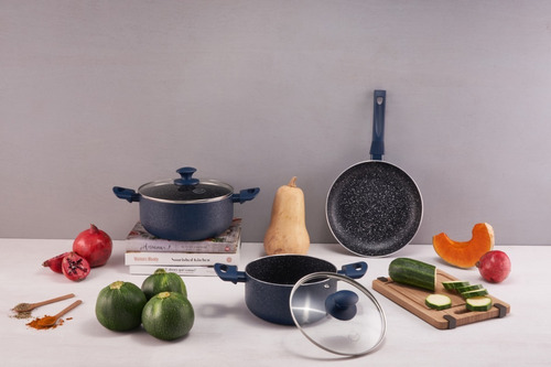 Imagen 4 de 10 de Batería De Cocina 7 Pzs Antiadherente Granito Navy Ilko