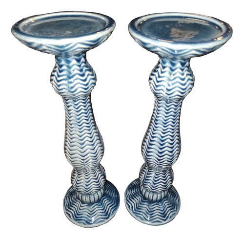 Candelabro Azul Rayado Vintage 12x12 Base X 38 Cm De Altura