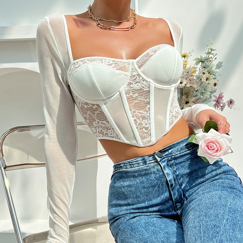 Rt Blusa Crop Top Campesina Corset Encaje Malla Manga Larga