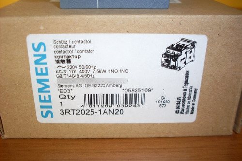 Siemens Sirius Contactor De Potencia 17a 7,5kw 3rt2025-1an20