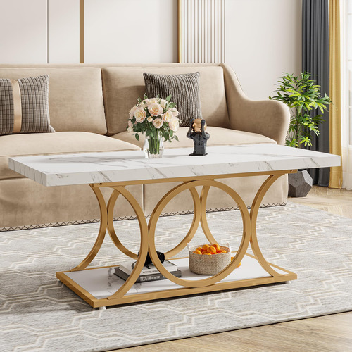 Mesa Auxiliar Rectangular 120 Cm Madera Mármol 2 Niveles