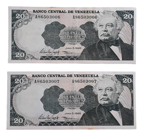 Billetes De 20 Bs. 5/6/95 - Serial A8 - 006 Y 007 