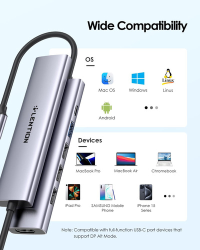 Lention Adaptador Multipuerto Usb C Hub Con Carga Pd De 100