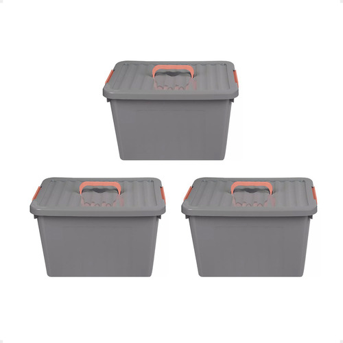 Set X 3 Caja Plástica Organizadora Apilable Grande Tapa Gris