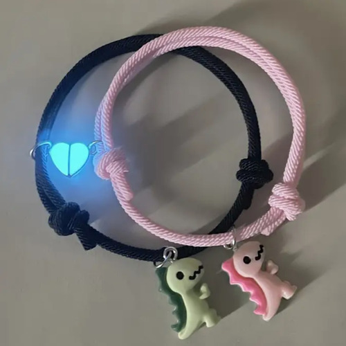 Pulsera En Pareja Lindos Dinosaurios Corazón Imán Brillante Blanco 16 Cm 16 Cm
