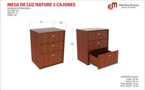 Mesa De Luz Melamina Mosconi Nature 3 Cajones Guía Metálica Mate Wengue