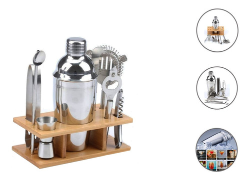 Kit Set De Barman Profesional Bambú Coctelero Tragos Bebidas