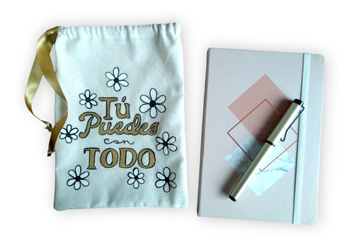 Agenda Mujer Combo Boligrafo + Bolsa De Tela Frase