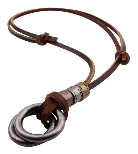 Kit 2 Cordão Colar Masculino Couro Legítimo Argolas + Flecha Cor Marrom-escuro