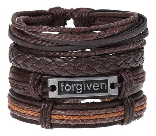 Conjunto Pulsera Cuero Marron Dije Forgiven 4 En 1 