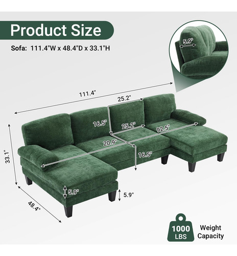 Sofá Modular 110 Pulgadas Forma U Diván Doble Verde Bosque
