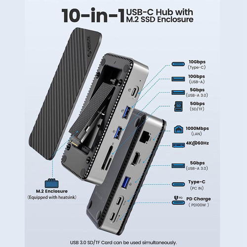 Hub Usb C De Orico Con Carcasa Ssd M.2, Usb-c D 10 En 1 De