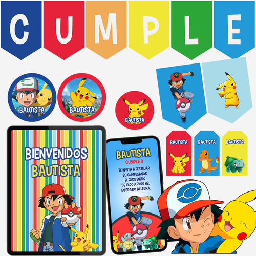 Kit Imprimible Personalizado Pokémon Pikachu Ash Cumpleaños