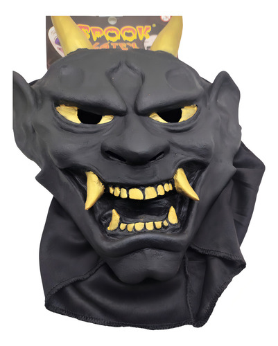 Máscara De Latex Japonês Samurai C/ Dente E Chifre Dourado Cor Preto Diabo Preto