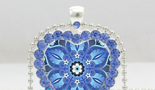 Mandala Collar Plateado Diseño Corazón Flor De La Vida Azul