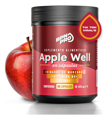 Vinagre De Sidra De Manzana Con Vitamina D3 Y Zinc Apple Well Bpn Pro 90 Cápsulas Apoyo Digestivo, Refuerzo Inmunológico Y Salud Integral Con Ingredientes Naturales De Alta Calidad
