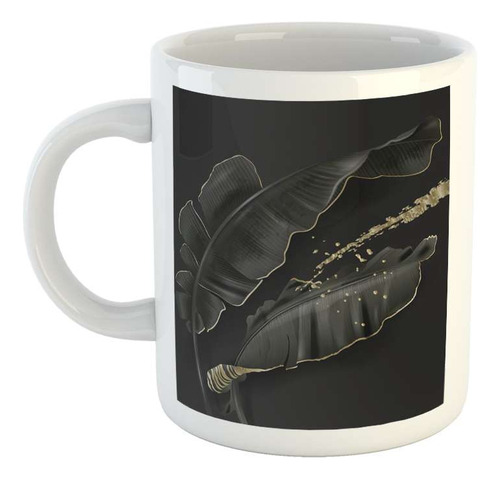 Taza Ceramica Planta Oro Monstera Oreja Elefante Negro