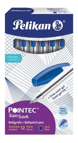 12 Bolígrafos Tinta Semigel Pointec Pelikan Punto Fino 0.7mm Color de la tinta Azul Color del exterior Transparente