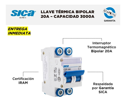Llave Térmica Sica - Bipolar 20a - Capacidad 3000a - Iram