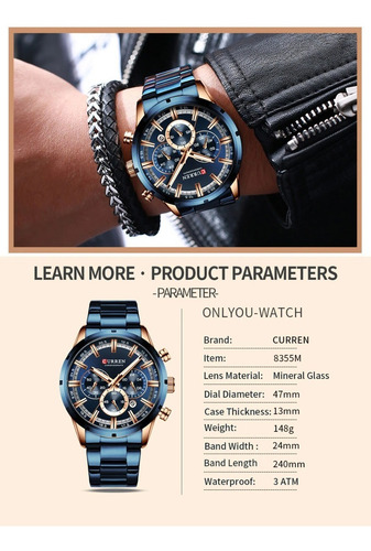 Imagen 4 de 10 de Reloj Hombre, Reloj Curren 8355, Cronografo + Caja De Lujo