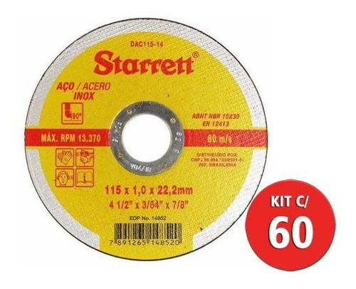 Kit 60 Disco De Corte Aço Inox 4.1/2 X 3/64 X7/8 Starrett