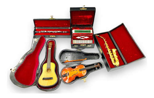 Wow Lote 5 Instrumentos Musicales Vintage Miniaturas Estuche