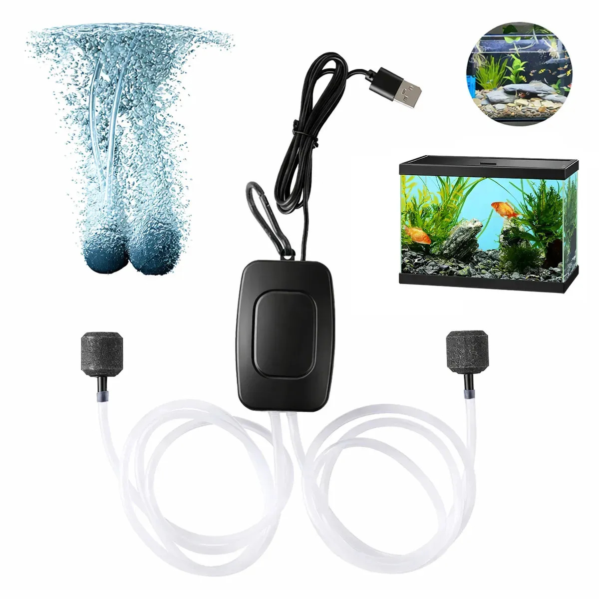 Bomba de Aire USB Silenciosa para Peceras y Acuarios Pequeños de 15-50L