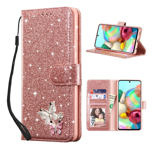 Funda Cartera Para Galaxy A52 4g/5g A52s 5g Rosa Dorado Glit