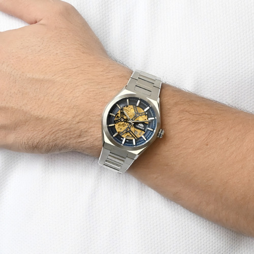 Relógio Orient Automático Skeleton Nh7ss006 D1sx Correia Prateado Bisel Prateado Fundo Azul/dourado