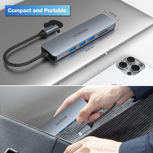 Hopday Usb C Hub 6 En 1, Adaptador Usb C De Doble Monitor Co