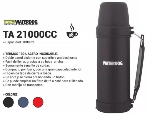 Termo Acero Inoxidable Waterdog 1l C/manija Colores+rosario