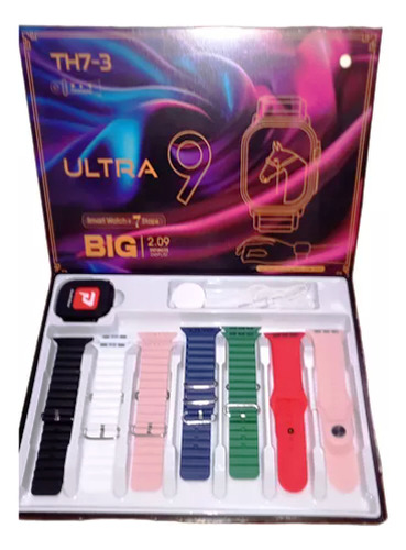 Reloj Smartwatch Bluetooth Ultra 9 Big 2.09 + 7 Mallas Negro Varios Diseños Varios Colores Intercambiable