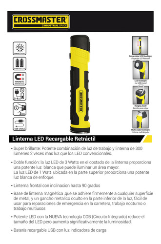 Linterna Led Recargable Retractil 3 W Crossmaster 9932728 Color De La Linterna Amarillo Color De La Luz Blanco