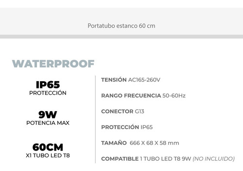 Portatubo Estanco 60cm Para 1 Tubo Led Ip65 Macroled