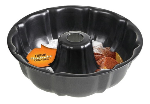Forma Assadeira Redonda Com Furo Decorada 26cm P/ Pudim Bolo Cor Grafite