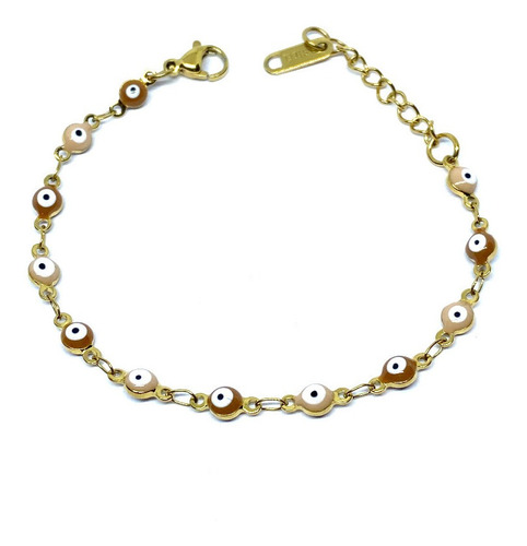 Pulsera Ojito Turco 4mm Cafe Claro Acero Inoxidable Dorado