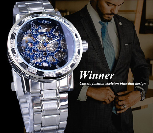Reloj Winner Automático Con Diamantes Para Hombre Color De La Correa Azul Oscuro Color Del Fondo Azul