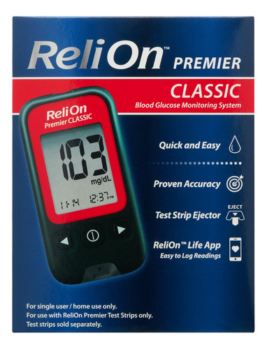Relion Premier Clasico, Monitor De Glucosa + 25 Tiras Color Rojo