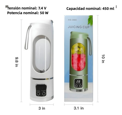 Trituradora De Hielo Portátil Recargable De 450 Ml Y 8 Cuchi